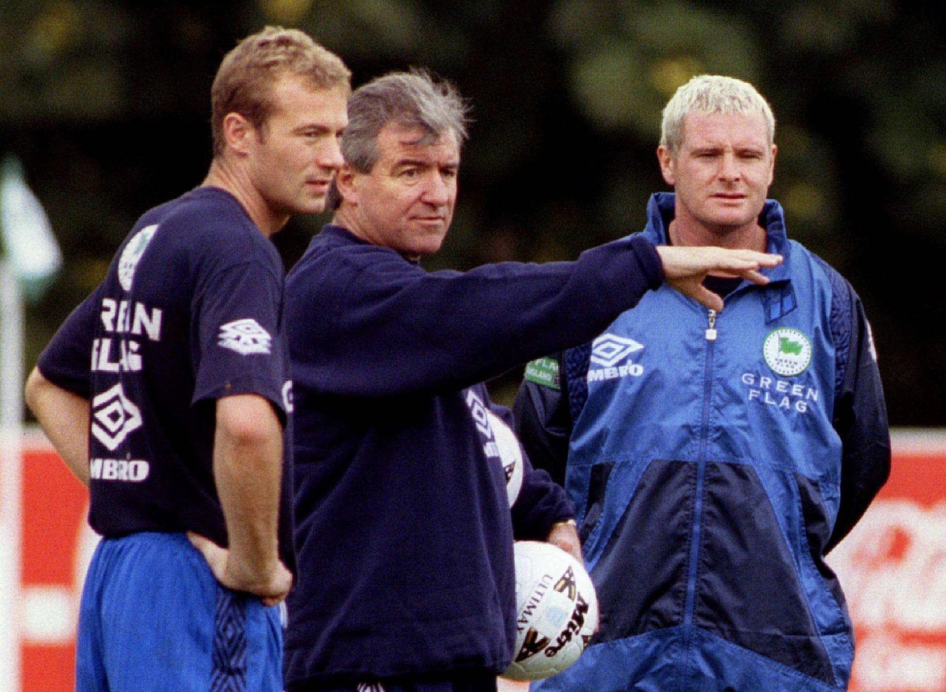 FILE PHOTO: Alan Shearer and Paul Gascoigne listen to instructions from England manager Terry Venables