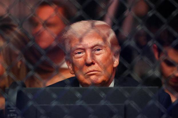 U.S. President Donald Trump attends the UFC 327 event at Kaseya Center in Miami