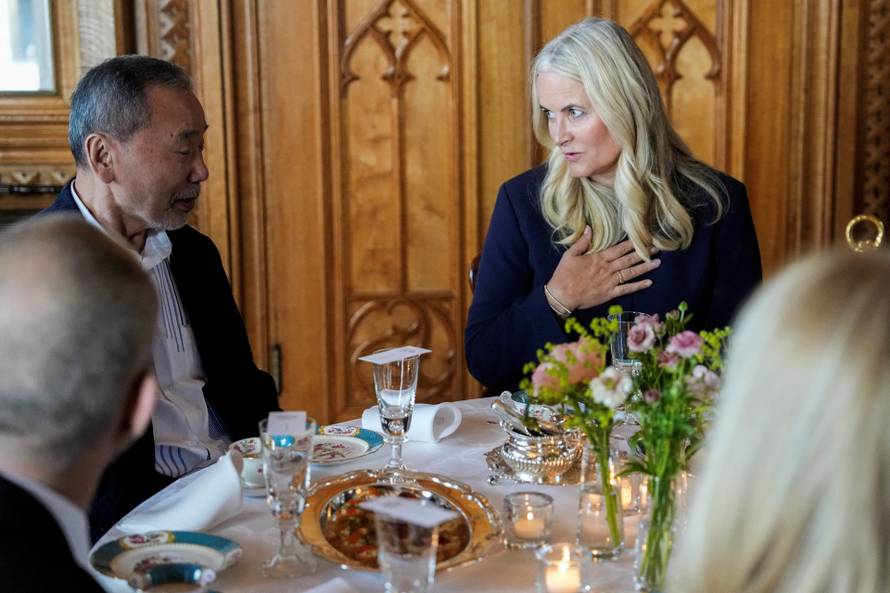 Haruki Murakami and Jiri Kylian attend an Afternoon Tea at Oscarshall, in Oslo