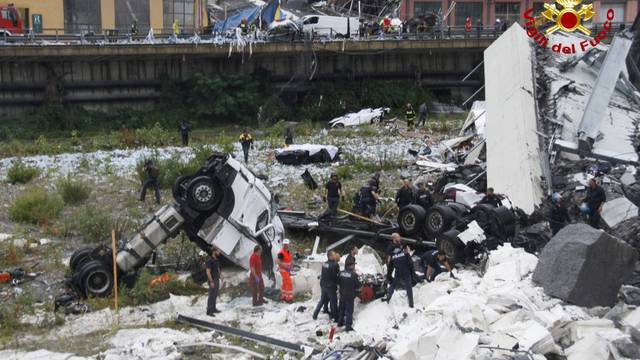 The collapsed Morandi Bridge is seen in the Italian port city of Genoa in this picture released by Italian firefighters