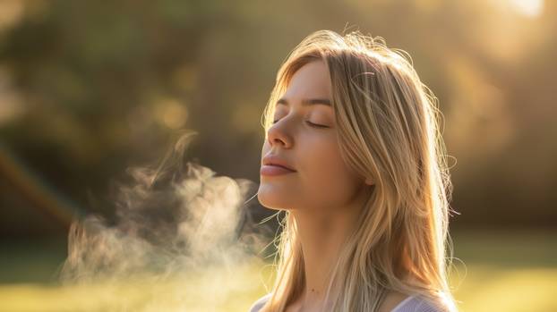 Serene Woman Breathing Fresh Air in Sunlit Nature