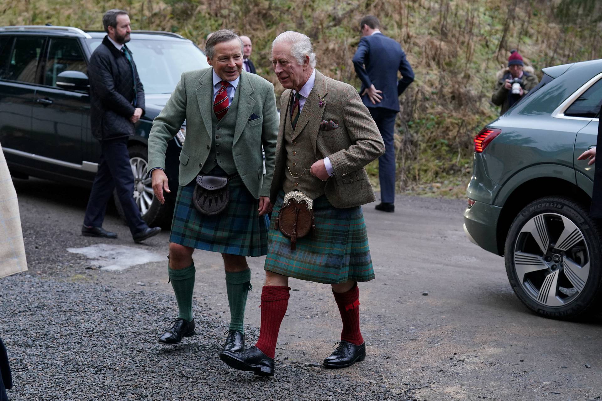 Britain's King Charles visit to Aboyne and Mid Deeside Community Shed, in Aboyne