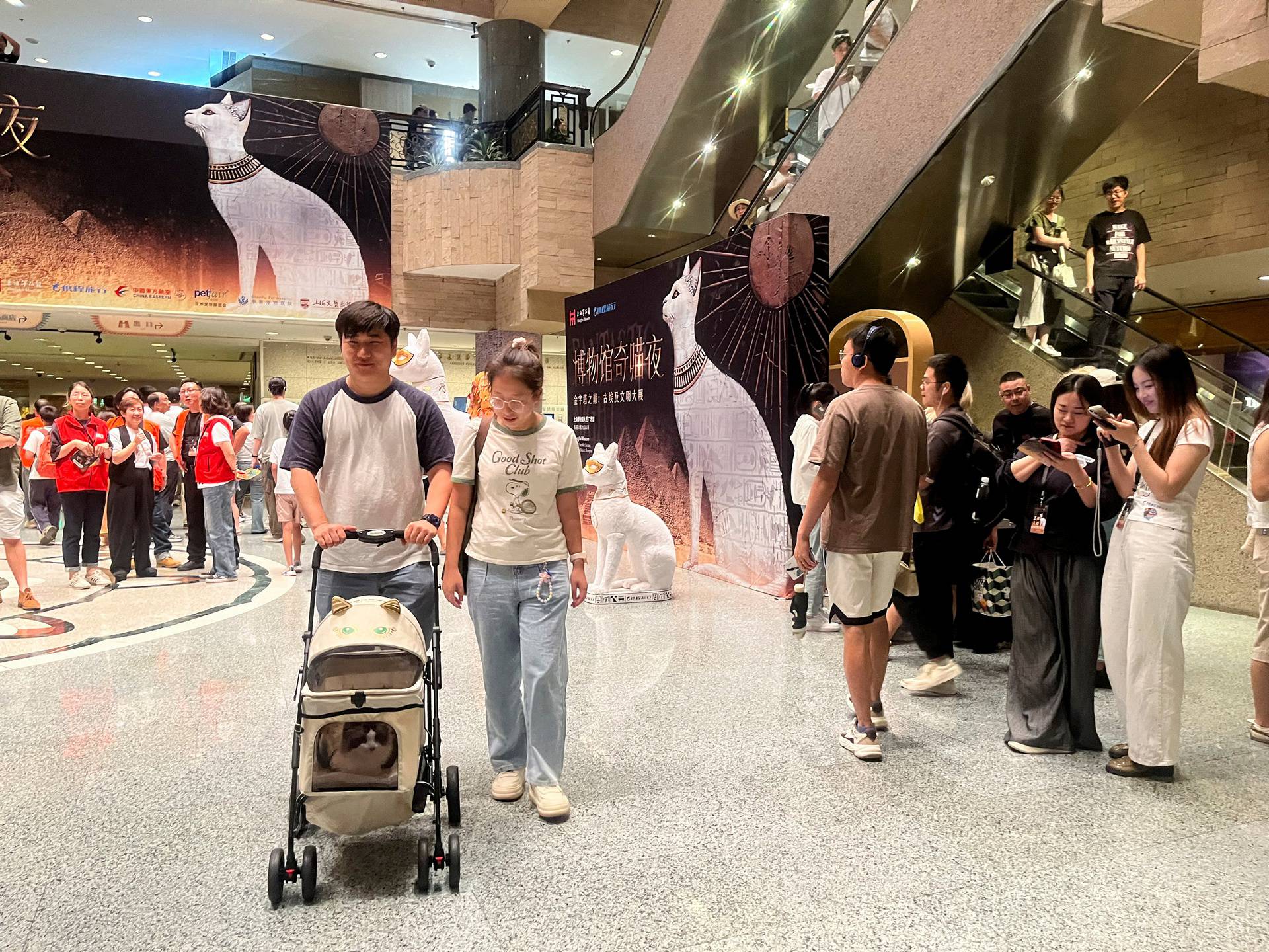 A cat visitor sits in a specially-provided stroller as it is pushed by its owners through the entrance hall of the Shanghai Museum as part of "Meow Night\