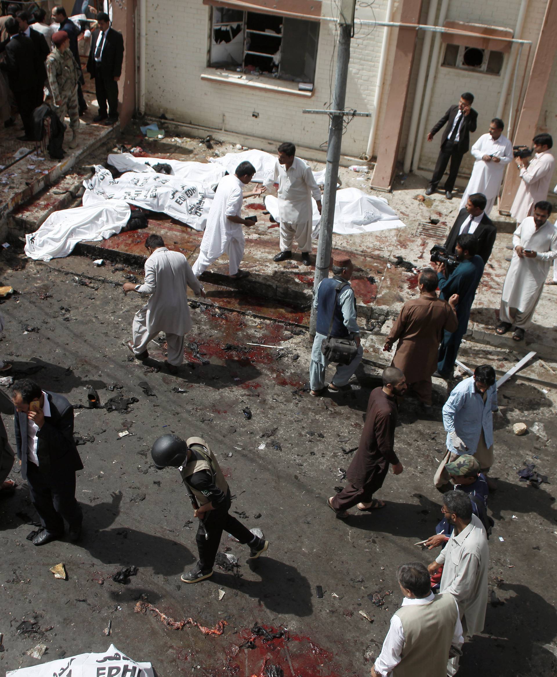 An overview of the scene of a bomb blast outside a hospital in Quetta