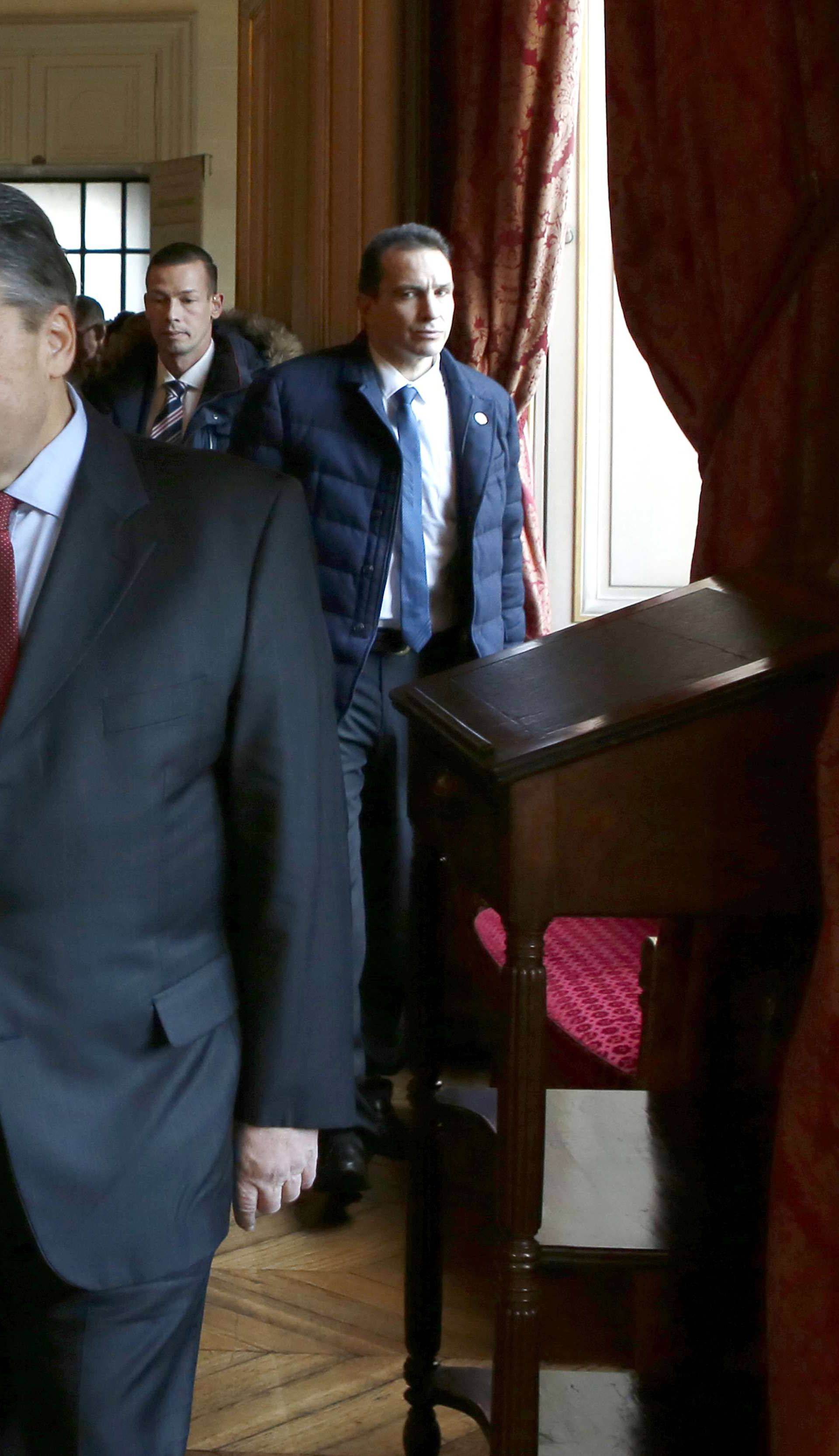 French foreign minister Jean-Marc Ayrault escorts his newly appointed Germany counterpart Sigmar Gabriel before talks at the French Foreign Ministry in Paris