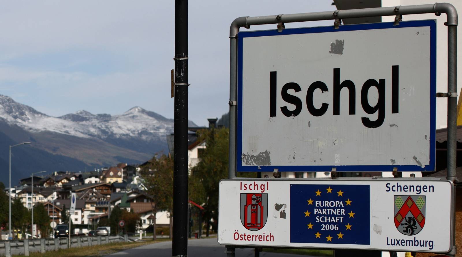 A sign marks the ski resort of Ischgl