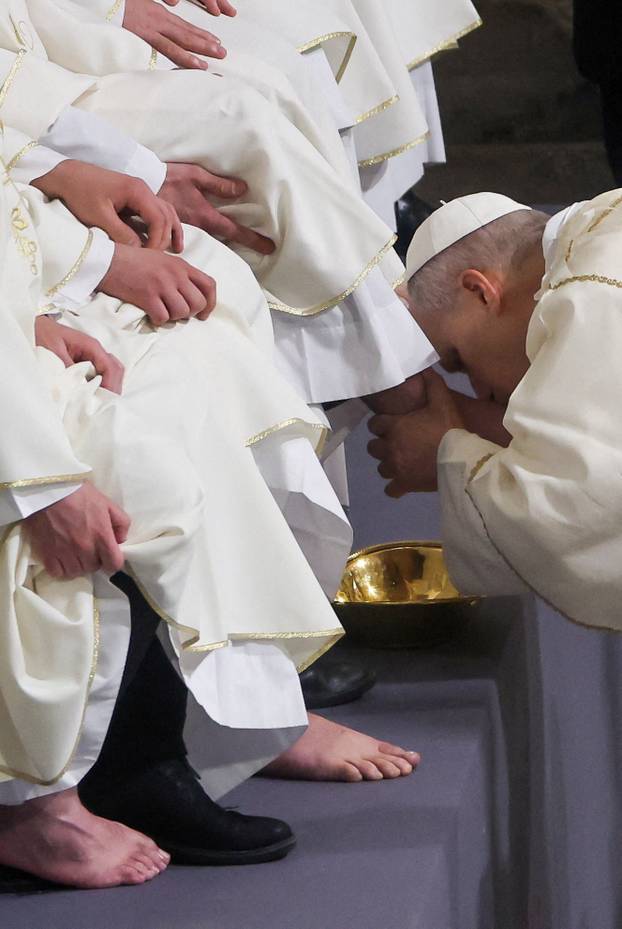 Pope Leo XIV leads the Holy Thursday Mass at the Basilica di San Giovanni in Laterano (Basilica of St. John Lateran) in Rome