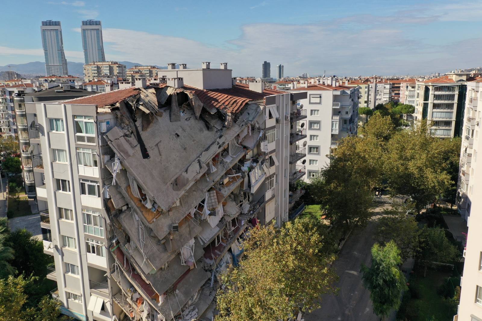 An aerial view shows a damaged building after an earthquake in Izmir