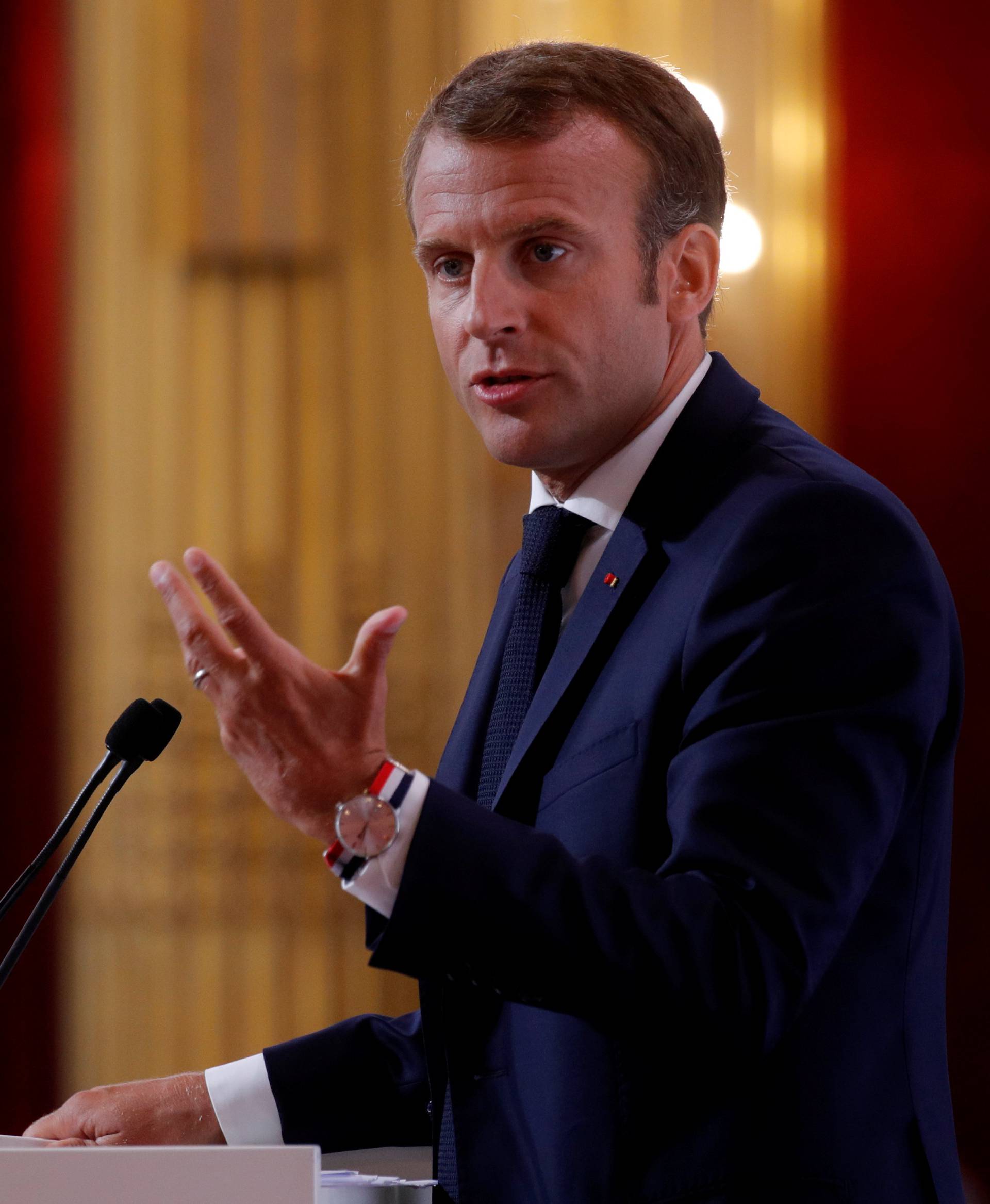 French President Emmanuel Macron delivers a speech during the annual French ambassadors' conference at the Elysee Palace in Paris