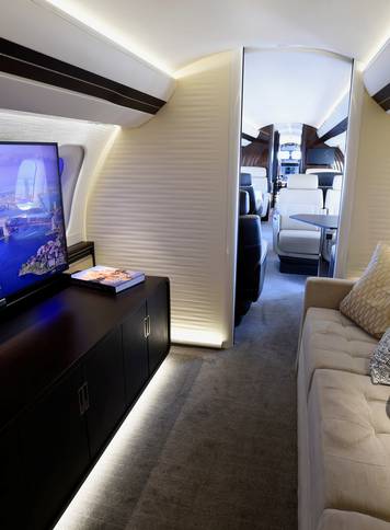 An interior view of a mock-up Bombardier Global 7000 business jet is seen during the National Business Aviation Association at the Henderson Executive Airport in Henderson