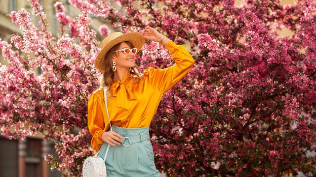 Happy,Smiling,Woman,Wearing,Trendy,Straw,Hat,,Yellow,Satin,Blouse,