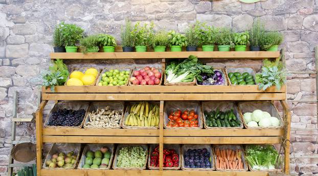 fruit vegetables shelves background