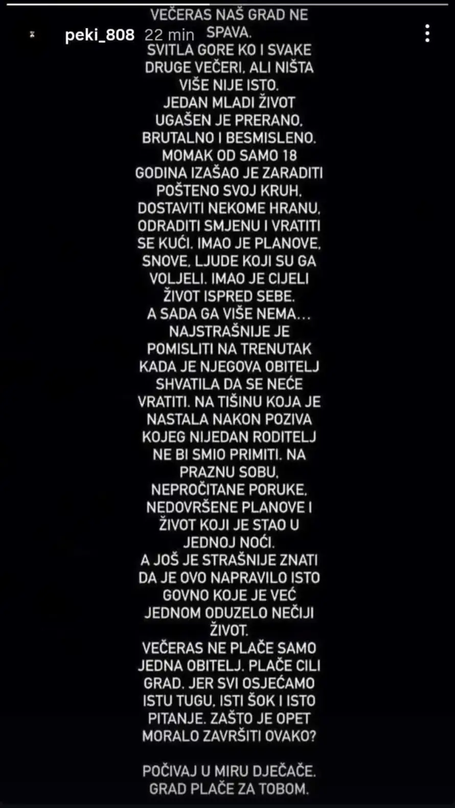 Glazbenik Peki se oprostio od ubijenog dečka: Cili Drniš plače. Išao je pošteno zaraditi kruh...