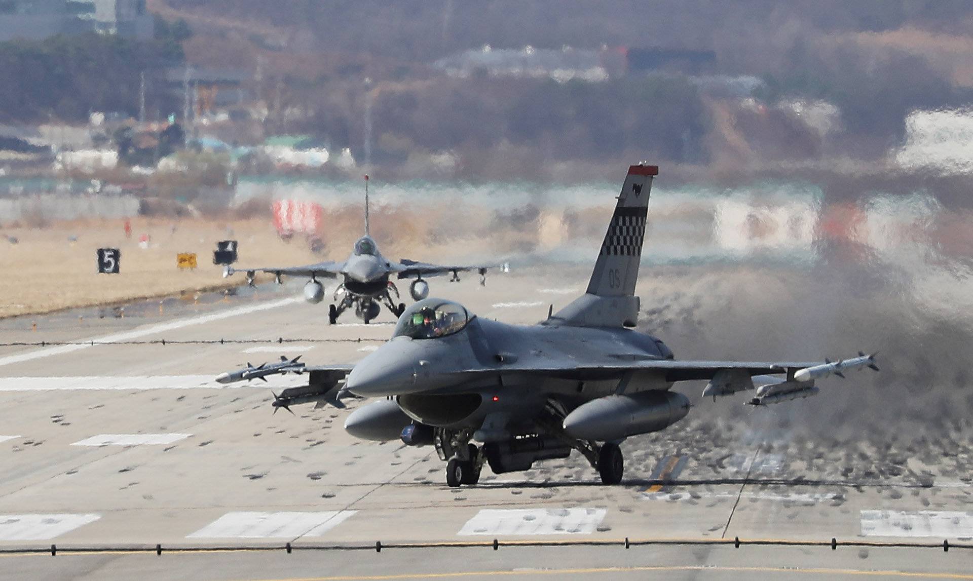 A U.S. Air Force F-16 fighter jet lands at the Osan U.S. Air Base in Pyeongtaek