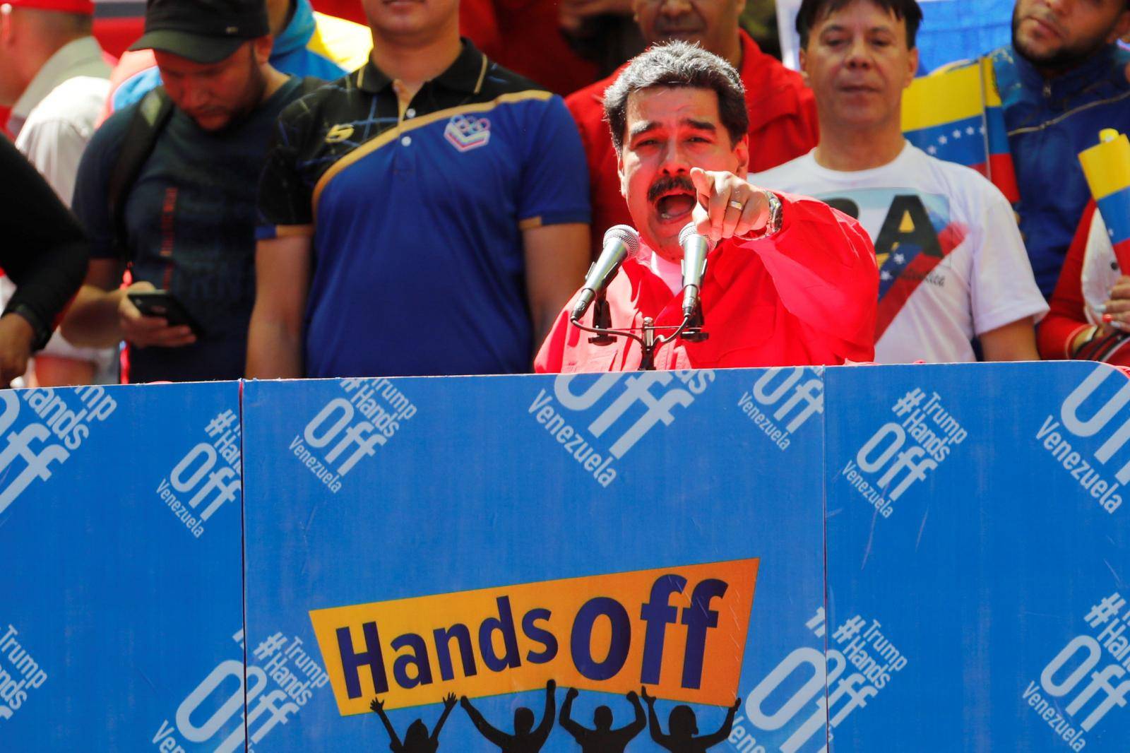 Venezuela's President Nicolas Maduro talks to supporters during a rally in support of the government in Caracas