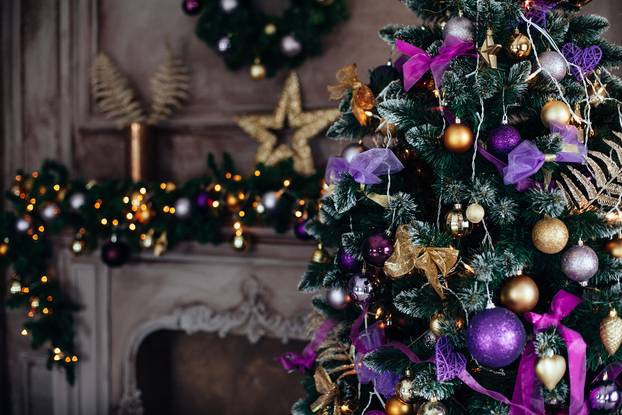 Christmas,Decorations,On,The,Branches,Fir,decorated,Christmas,Tree,On,Blurred,
