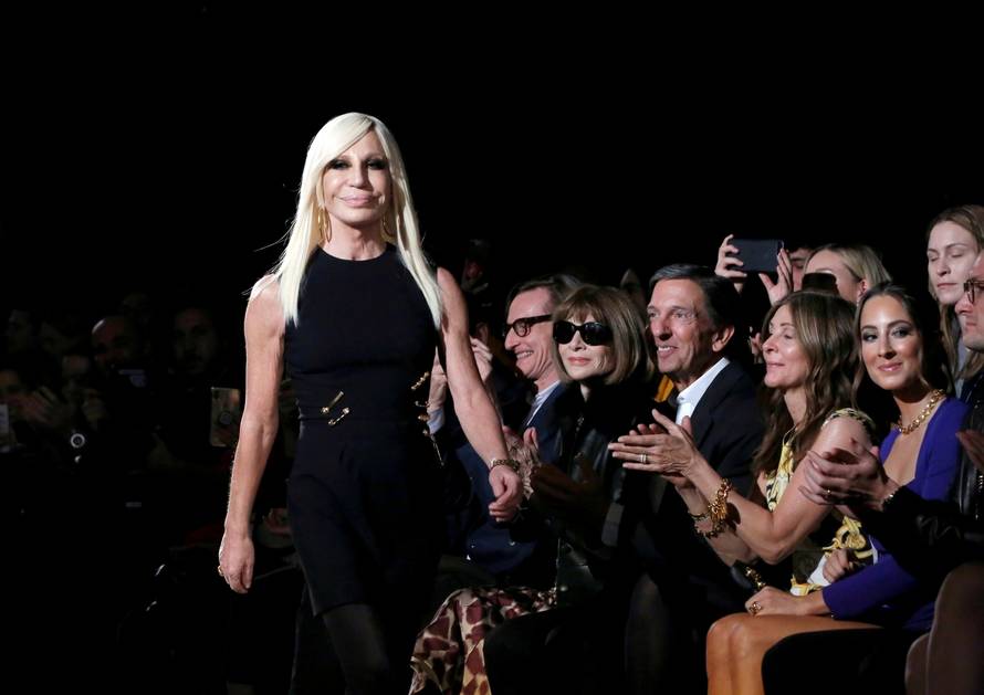 FILE PHOTO: Donatella Versace walks down the catwalk after her Versace presentation in New York