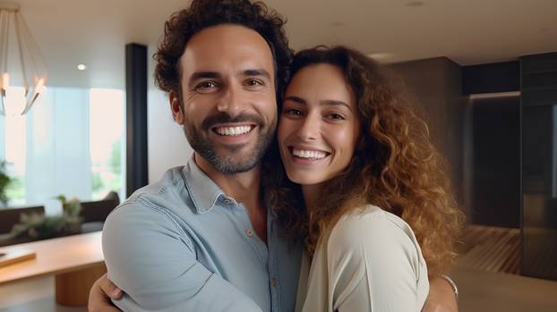 Portrait of happy young couple looking at camera and smiling while standing in kitchen at home