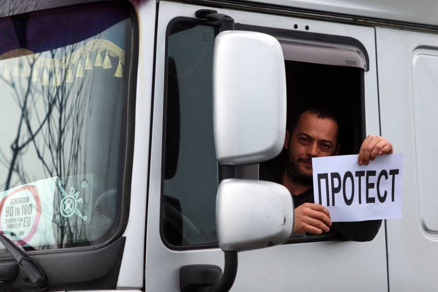 Protest by truck drivers and transport union representatives over disruptions linked to the European Union's new Entry-Exit System, in Gevgelija