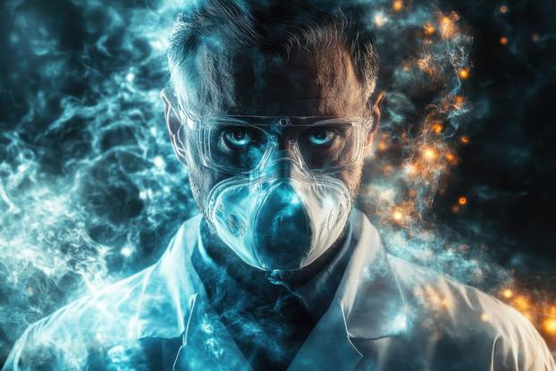 Scientist wearing protective gear examines chemical reactions in a laboratory setting