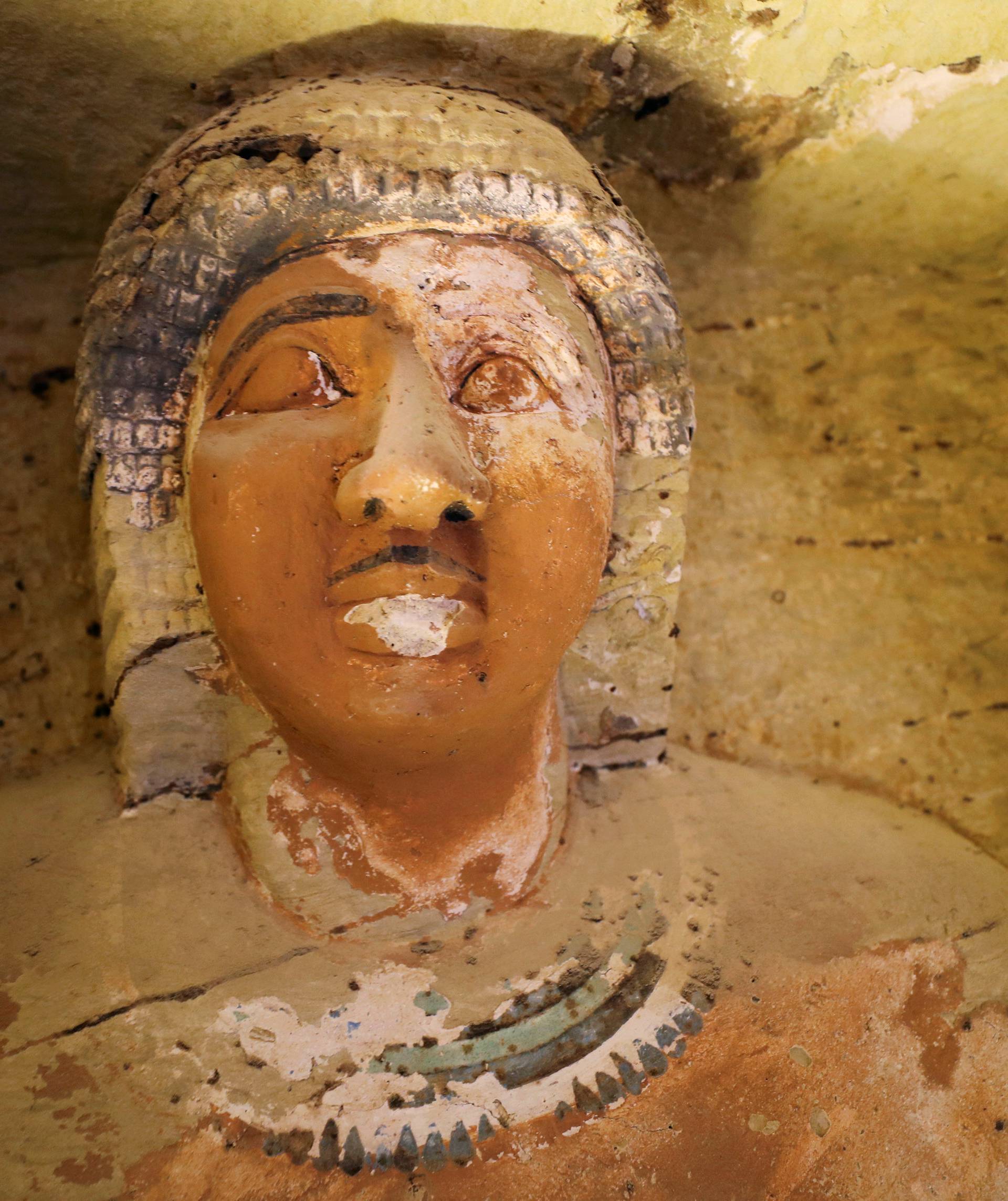 A statue is seen inside the newly-discovered tomb of 'Wahtye', which dates from the rule of King Neferirkare Kakai, at the Saqqara area near its necropolis, in Giza