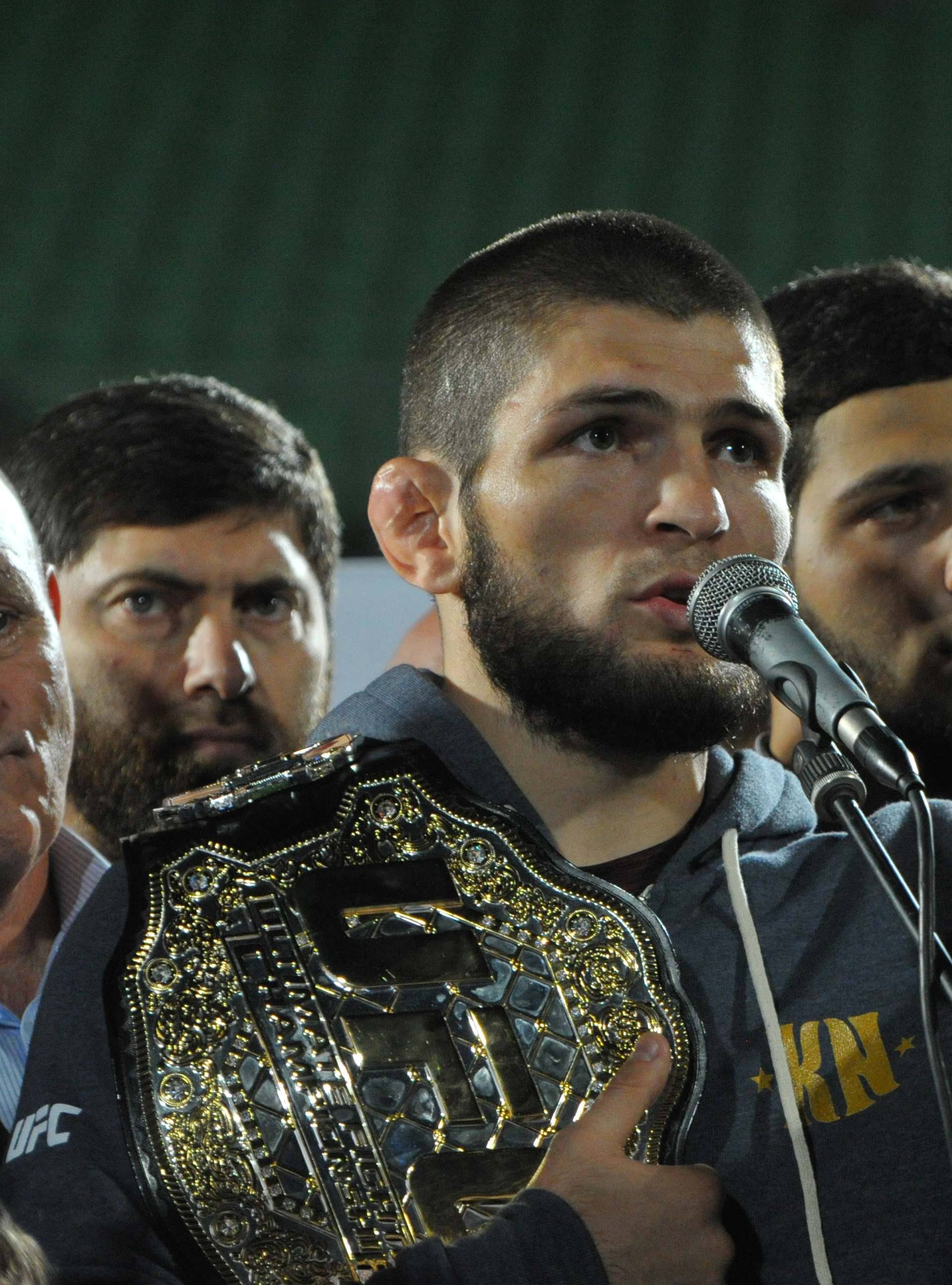 Russia's Nurmagomedov, UFC lightweight champion who defeated McGregor of Ireland in the main event of UFC 229, speaks during the ceremony of honouring him at Anzhi Arena in Kaspiysk