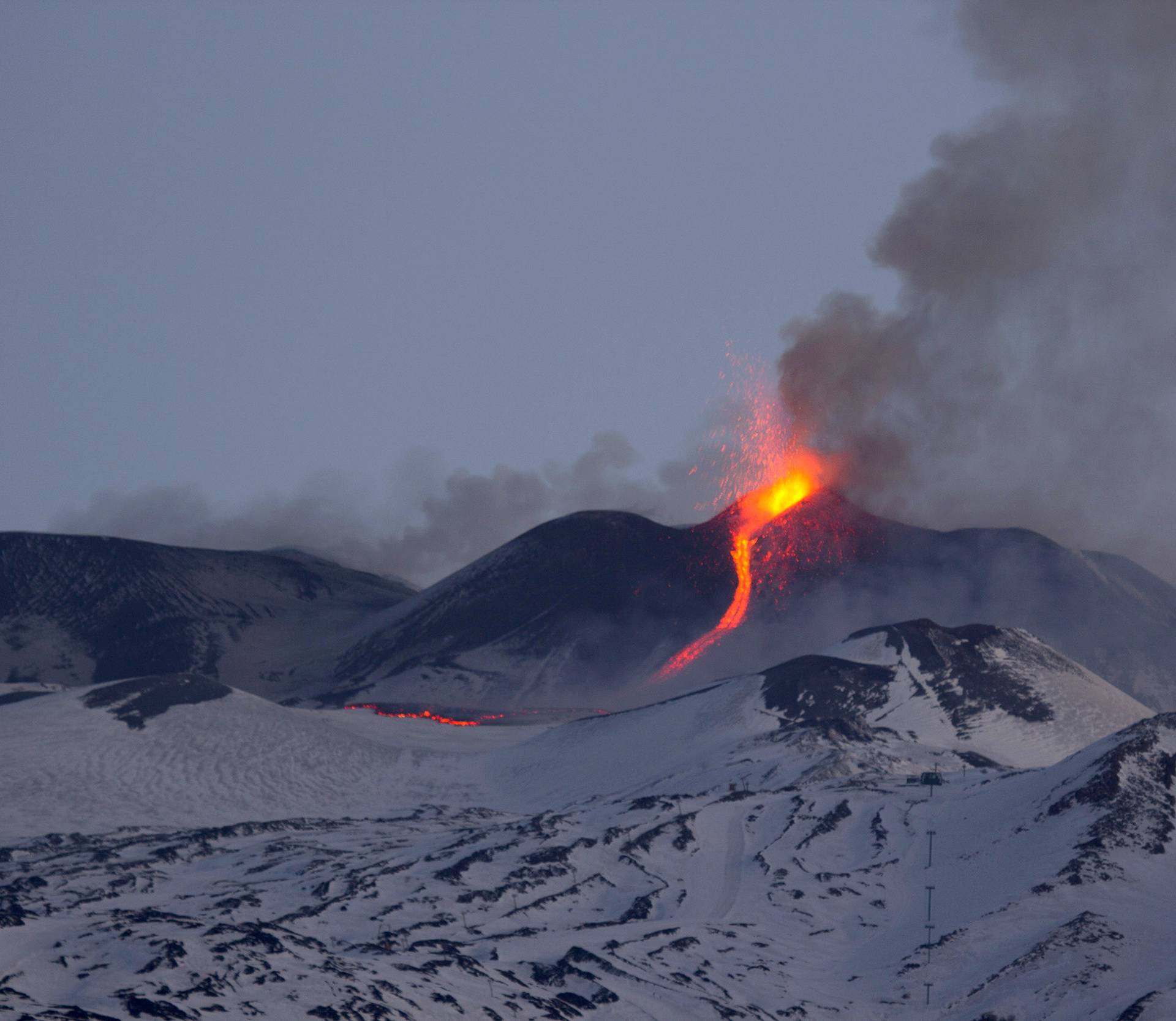 Nicolosi, Mount Etna erupting. The south east crater colors the nights of Catania