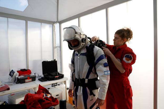 Israeli scientists participate in an experiment simulating a mission to Mars, at the D-MARS Desert Mars Analog Ramon Station project of Israel