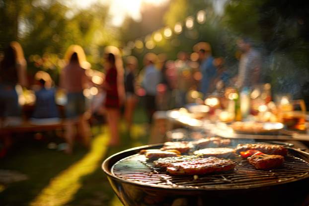 Summer,Barbecue,With,Friends,And,Family,Enjoying,Grilled,Food,Outdoors