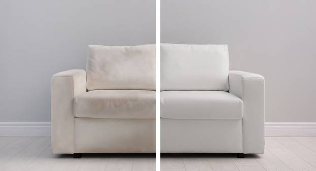 Sofa,Before,And,After,Dry-cleaning,Near,Grey,Wall,Indoors,,Collage