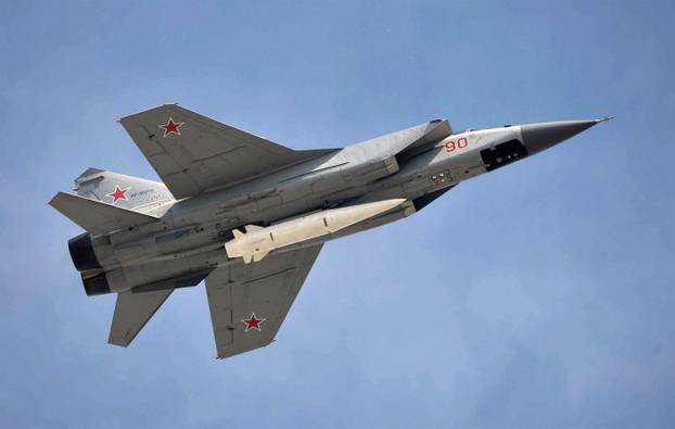 RUSSIAN HYPERSONIC MISSILE KH-47M2  Kinzhal  painted white mounted on a Mikoyan MIG 31K interceptor at the May 2018 Moscow Victory Day Parade
