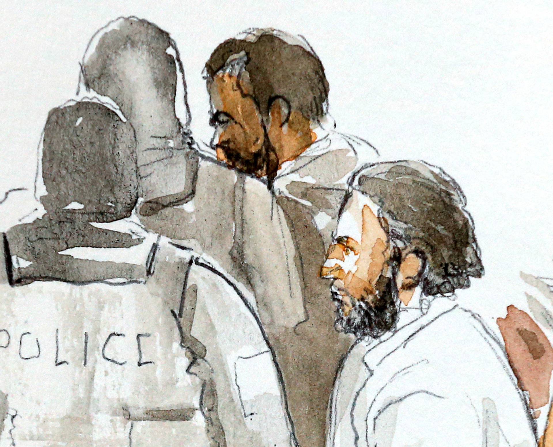 A court artist drawing shows Salah Abdeslam, one of the suspects in the 2015 Islamic State attacks in Paris, in court during his trial in Brussels