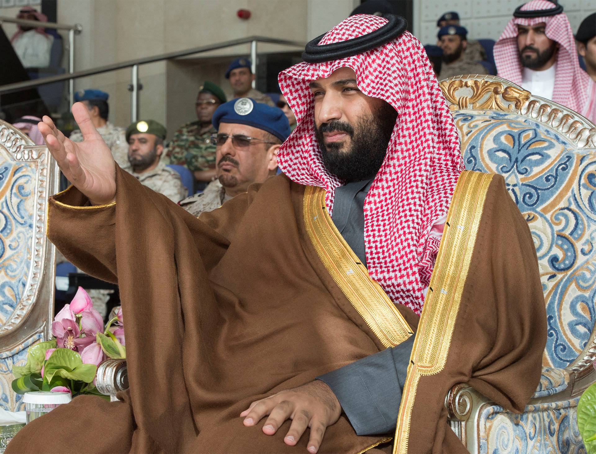 Saudi Arabia's Crown Prince Mohammed bin Salman gestures during the graduation ceremony of the 93rd batch of the cadets of King Faisal Air Academy, in Riyadh