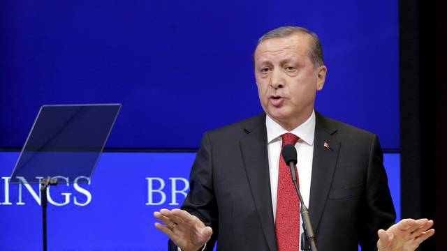 Turkish President Tayyip Erdogan speaks at the Brookings Institute in Washington 