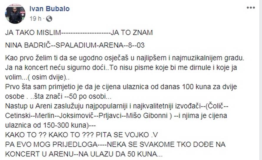 Bubalo: Svakome tko dođe na Ninin koncert treba dati 50 kn