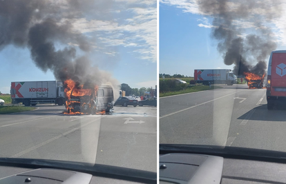 FOTO Sudar na vinkovačkoj obilaznici: Zapalio se kombi, cestu su zatvorili za promet