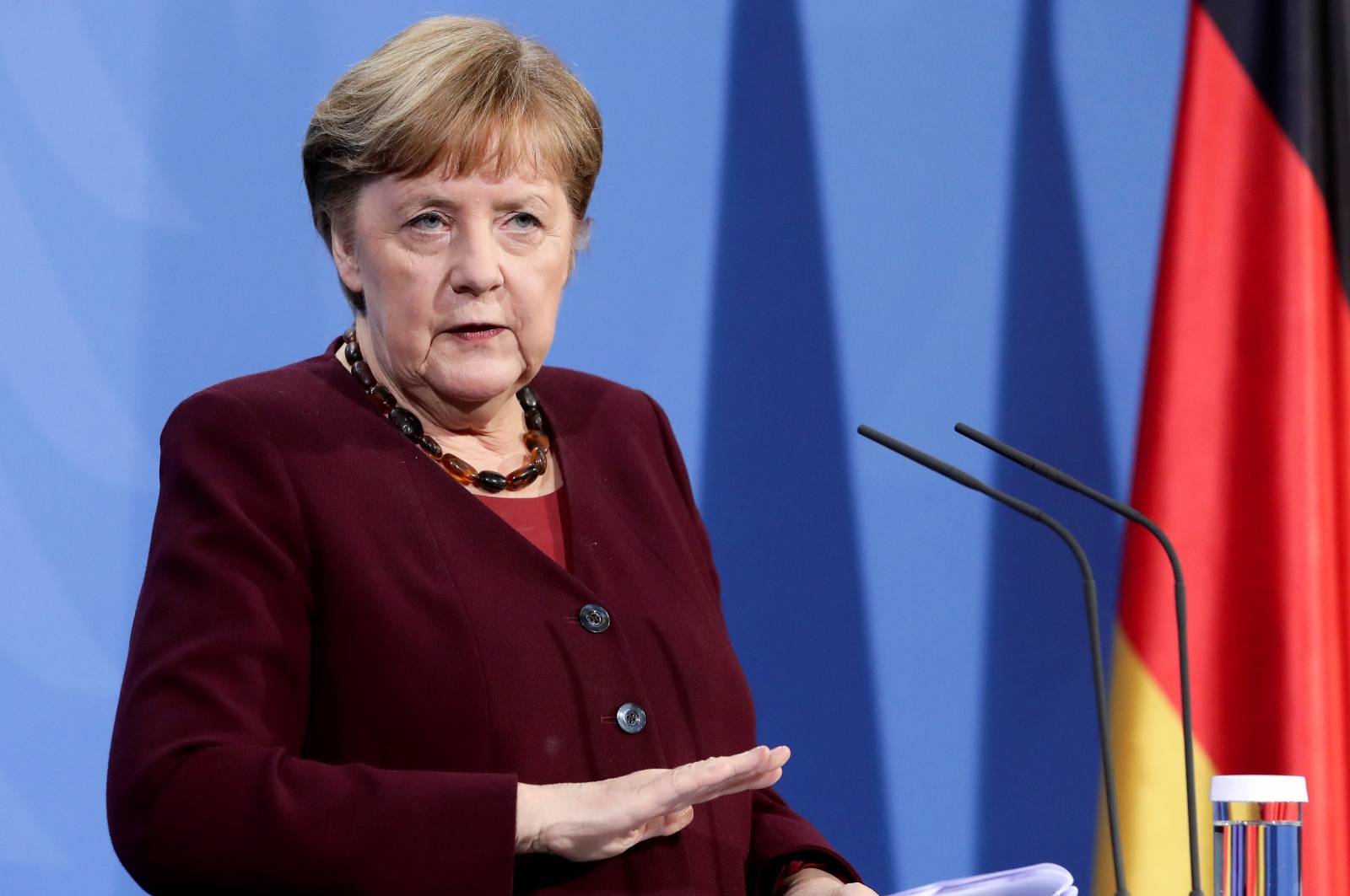 German Chancellor Angela Merkel addresses the media during a news conference, in Berlin