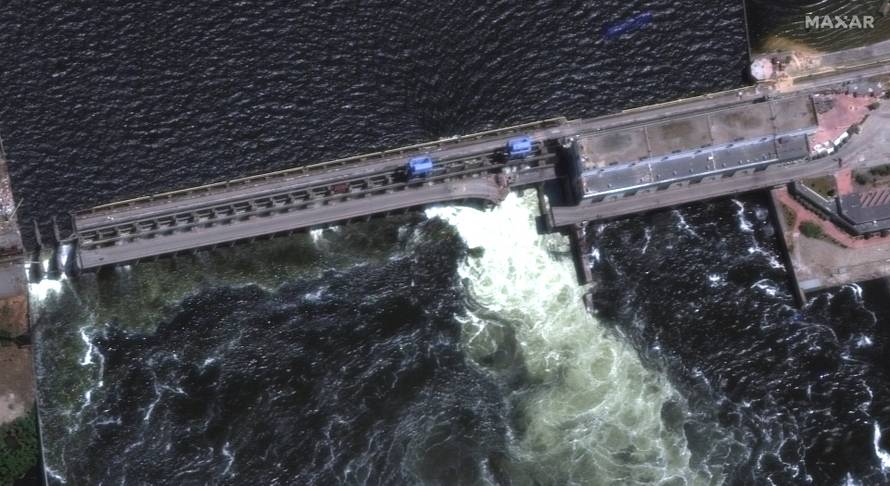 A satellite image shows Nova Khakovka Dam in Kherson region