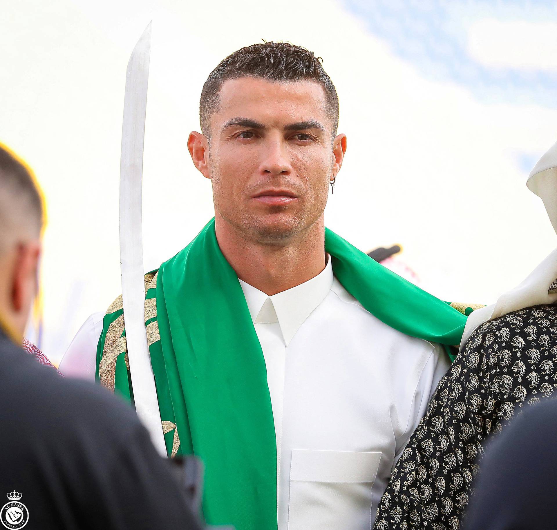 Al-Nassr's Cristiano Ronaldo celebrates Saudi Arabia's Founding Day wearing local traditional clothes at Al-Nassr Football Club in Riyadh, Saudi Arabia