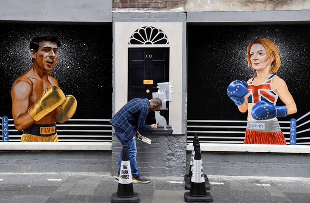 Artist Ciaran Gallagher paints Larry the cat onto a mural in Belfast city centre