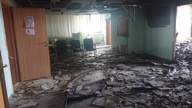 An interior view of a damaged building at the Zaporizhzhia Nuclear Power Plant compound in Enerhodar