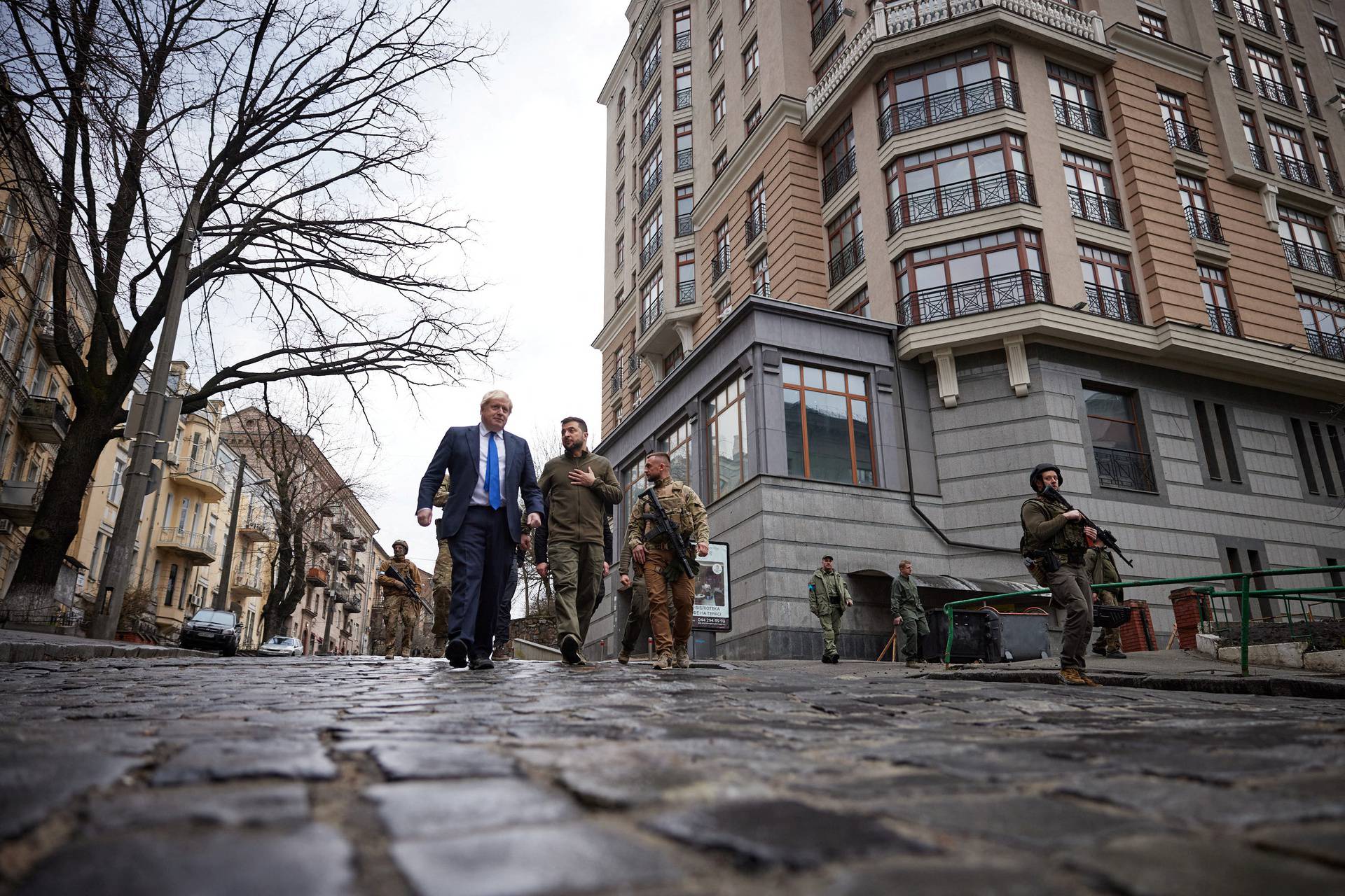 Ukraine's President Zelenskiy welcomes British PM Johnson walk in central Kyiv