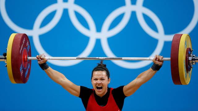 FILE PHOTO: Canada's Christine Girard competes on the women's 63Kg weightlifting competition at the ExCel venue at the  London 2012 Olympic Games