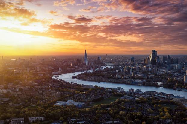 High panoramic sunset view of the urban skyline of London, England