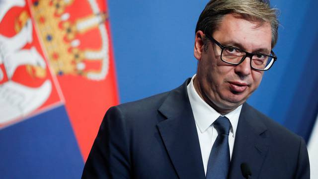 Hungarian PM Orban, Austrian Chancellor Nehammer and Serbian President Vucic attend a news conference in Budapest