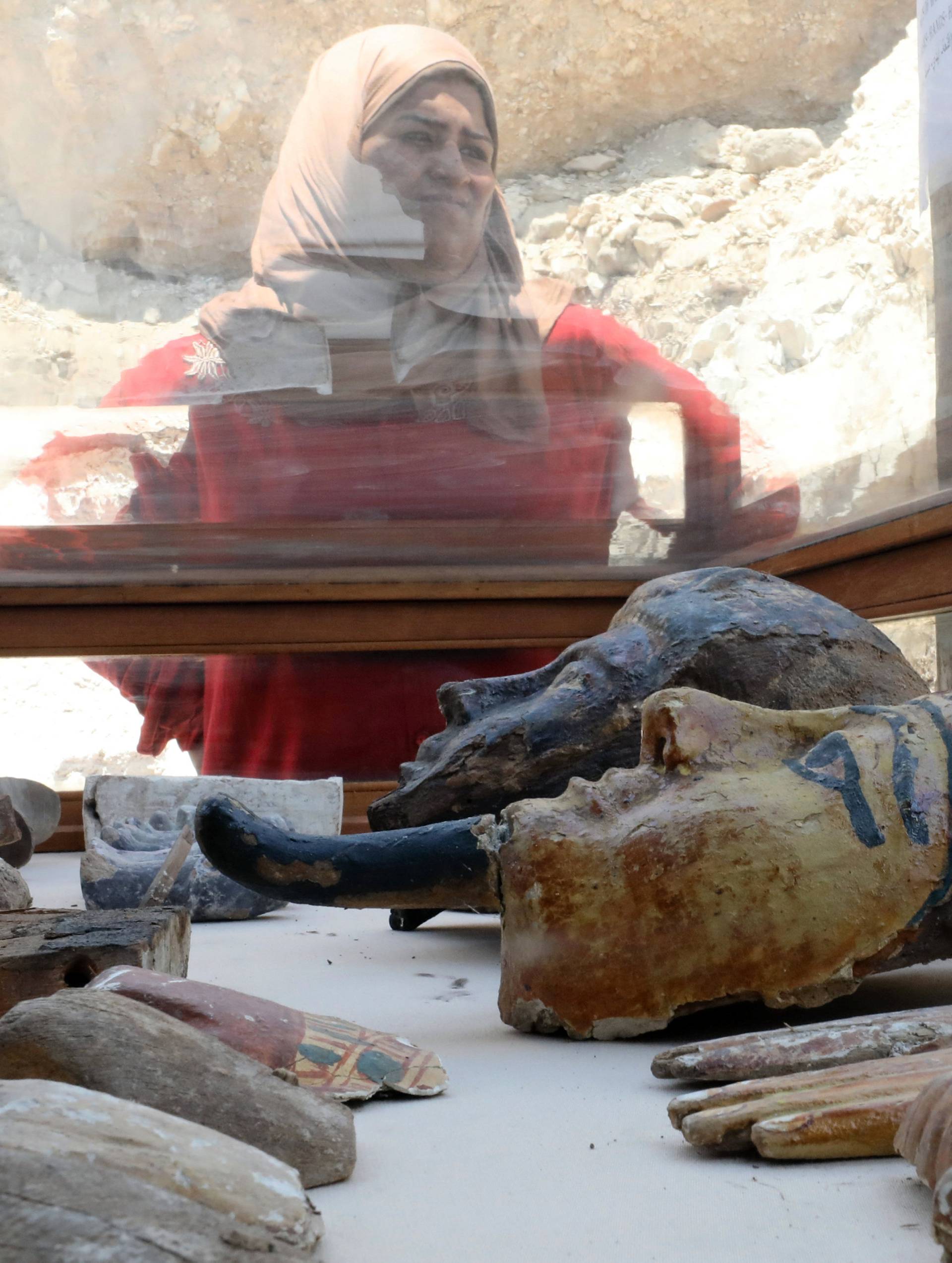 Artefacts from the recently discovered tomb of Amenemhat, a goldsmith from the New Kingdom, are on display at the Draa Abu-el Naga necropolis near the Nile city of Luxor
