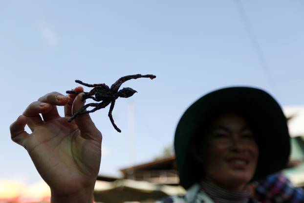 A woman sells fried tarantulas at a market in Kampong Cham province in Cambodia