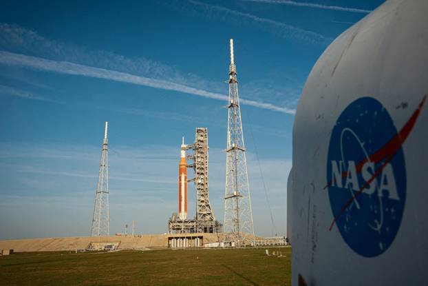 NASA's Artemis II mission, Space Launch System (SLS) rocket with the Orion crew capsule, at the Kennedy Space Center in Cape Canaveral
