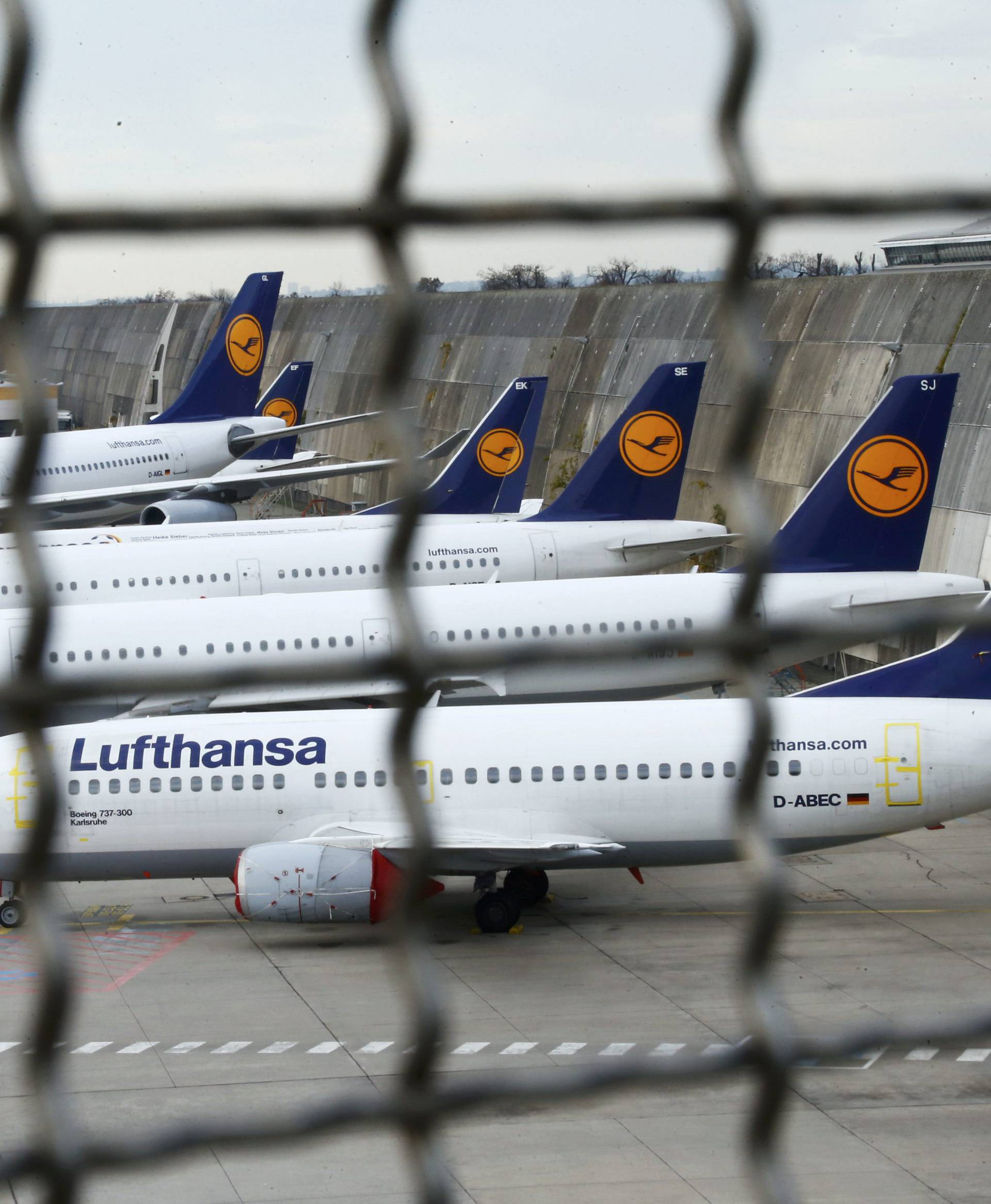 Planes stand on the tarmac during a pilots strike of German airline Lufthansa at Frankfurt airport