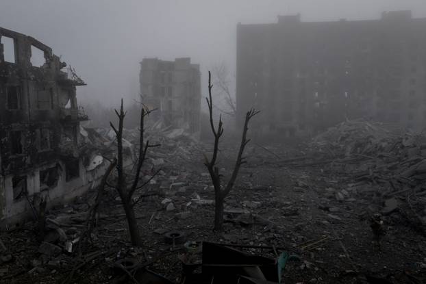 A drone view of apartment buildings damaged by Russian military strike in the frontline town of Kostiantynivka
